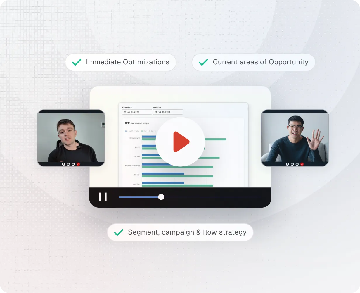 Video call interface with two men talking on left and right screens and a central screen showing a graph titled 'RFM percent change' with a large red play button overlay.