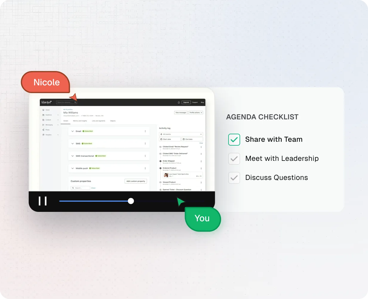 Video call interface showing a shared screen of a messaging platform and an agenda checklist with 'Share with Team' checked and 'Meet with Leadership' and 'Discuss Questions' unchecked.