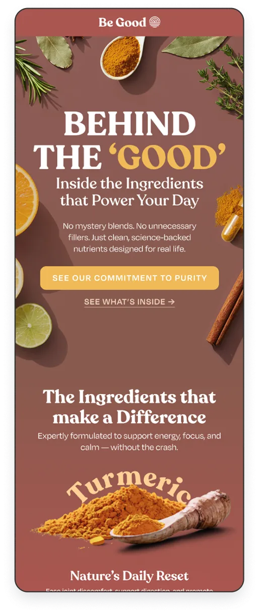 Promotional graphic for Be Good supplements highlighting turmeric as a key ingredient with citrus slices, cinnamon sticks, and herbs on a brown background.