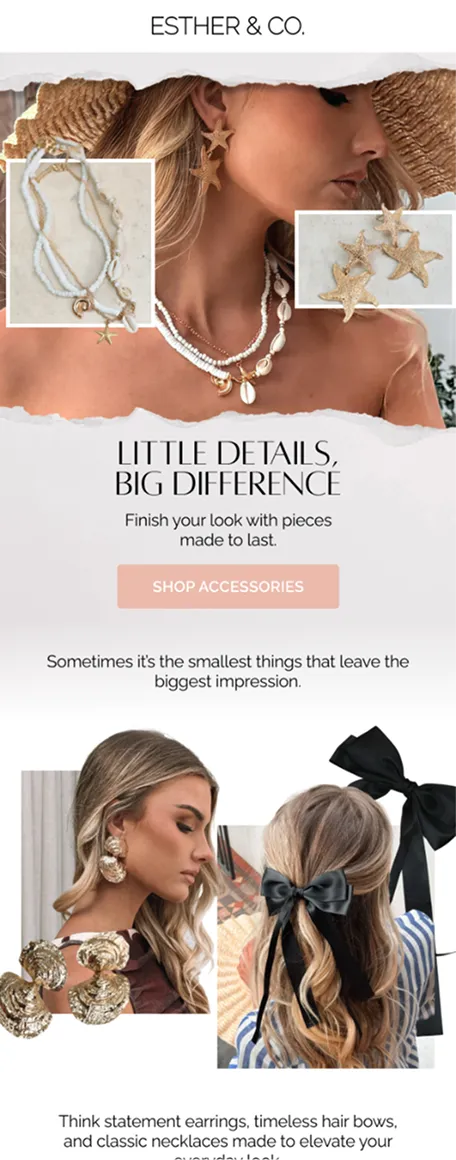 Woman wearing starfish earrings, layered shell necklaces, and a large woven hat, with close-ups of sea-inspired jewelry and accessories.