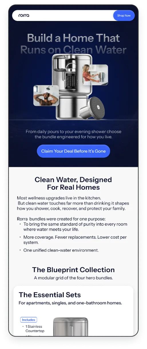 Rorra water filtration system with text promoting clean water home bundles for shower and kitchen usage, highlighting wellness and modular options.