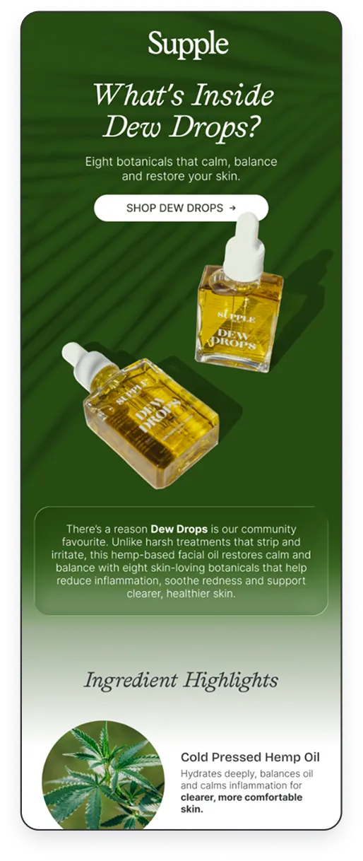 Supple Dew Drops skincare product bottles on green background with text about calming botanical ingredients and cold pressed hemp oil benefits.