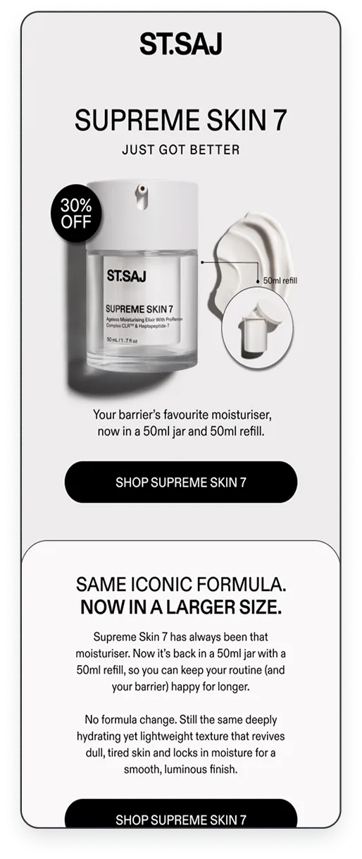 ST.SAJ Supreme Skin 7 moisturizer with 30% off label, featuring a 50ml jar and a 50ml refill, promoting hydrating, lightweight formula that revives dull skin.