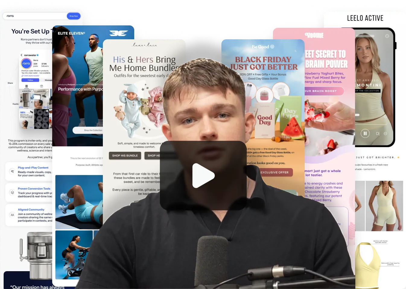 Man speaking into a microphone with a collage of various product promotion and marketing web pages in the background.
