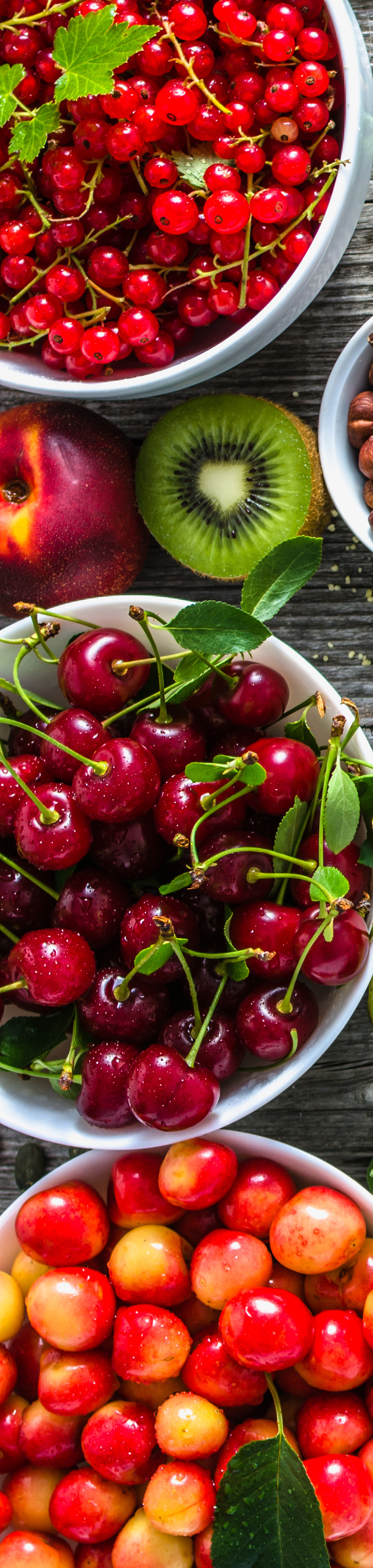 Bowls of fresh red currants, dark cherries, Rainier cherries, with a sliced kiwi and a nectarine on a wooden surface. Pilot, flight attendant, air traffic controller health and nutrition.