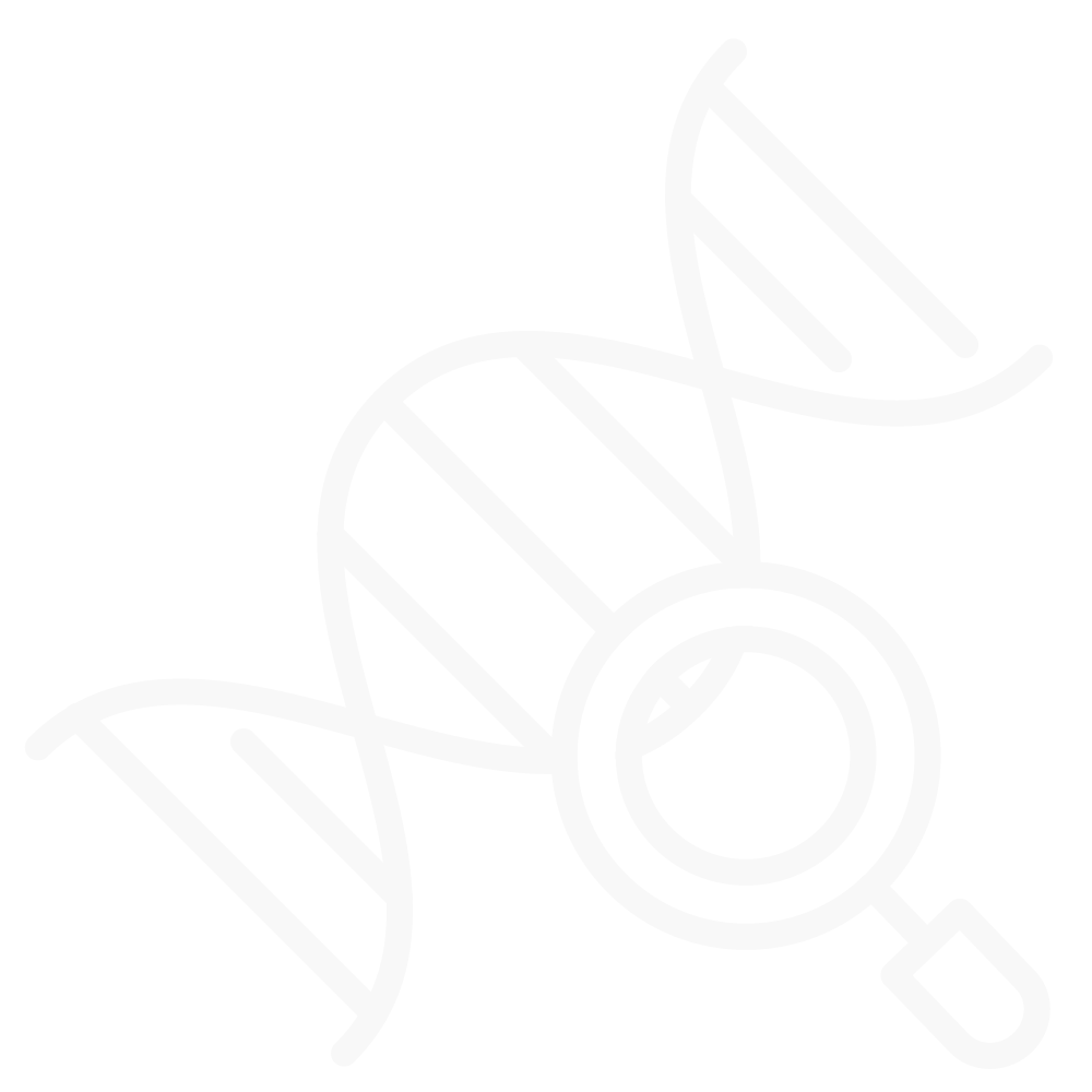 White DNA double helix with a magnifying glass icon on a transparent background.