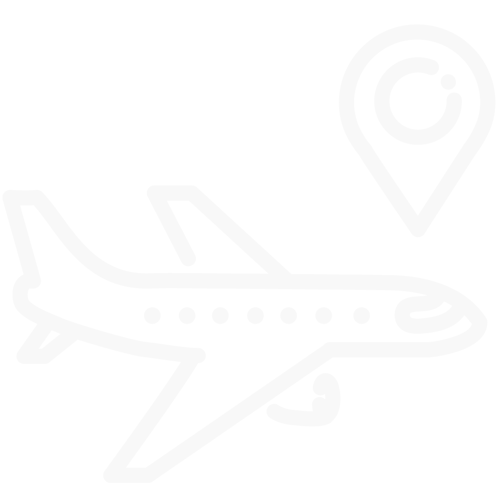 Outline of an airplane with a location pin above, symbolizing aviation and navigation.