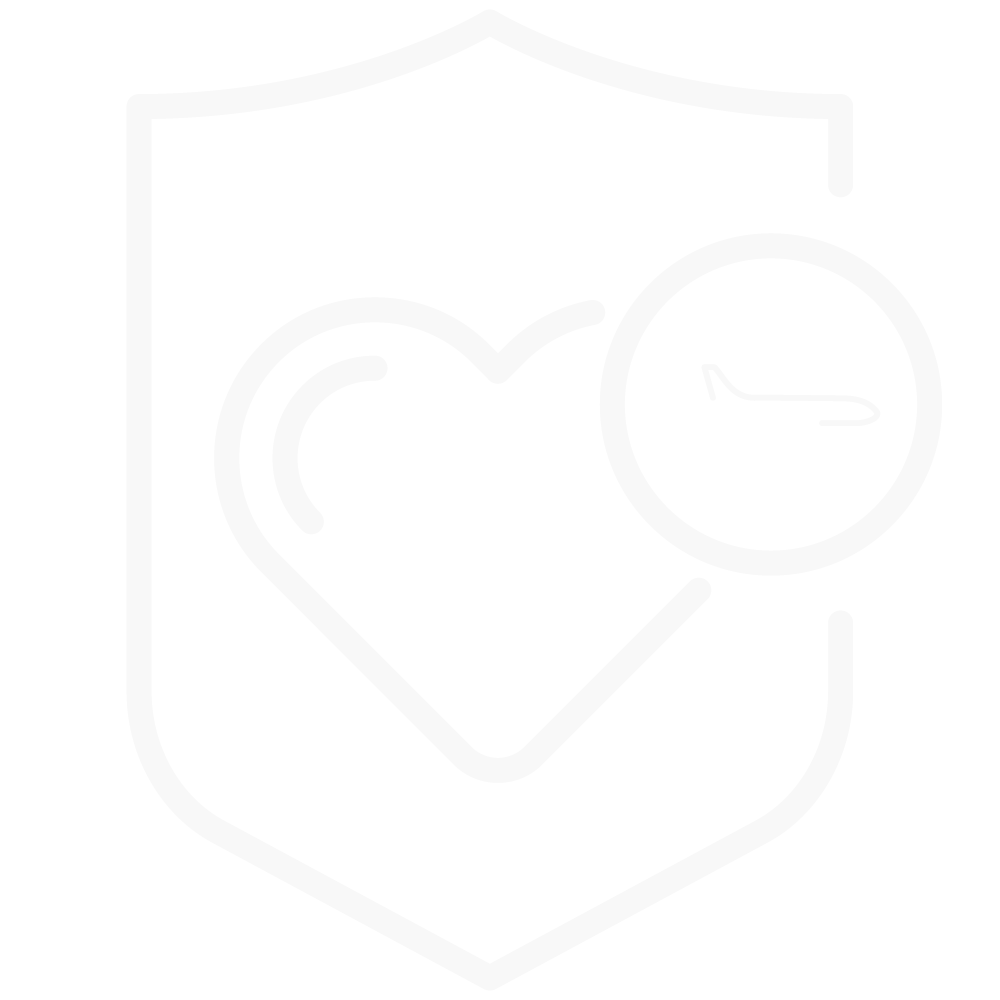 Icon with a heart inside a shield and a small airplane symbol on the right side.