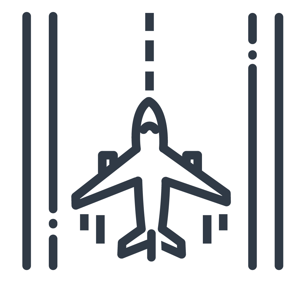 Outline icon of a passenger airplane in flight.