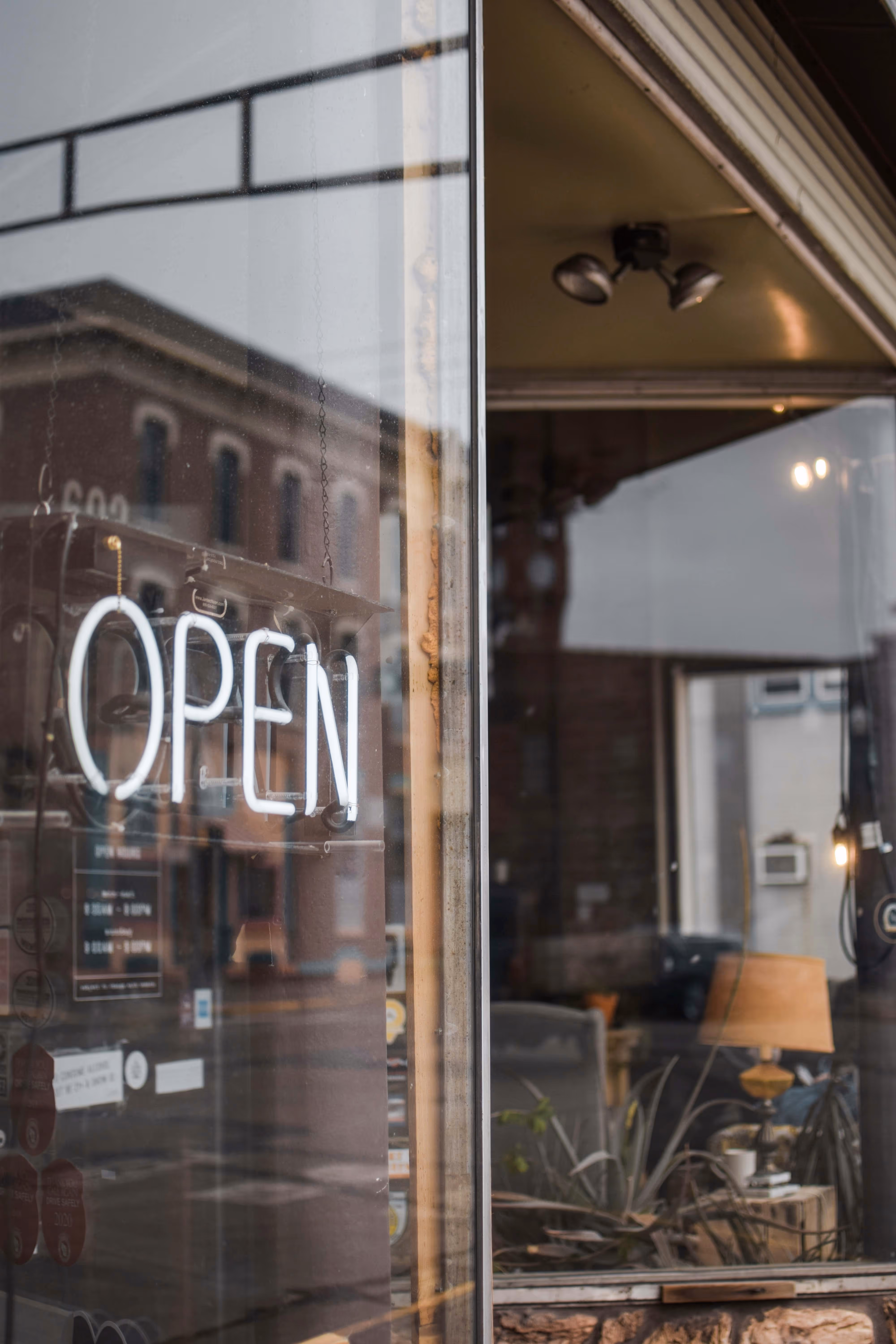 Neon sign reading 'OPEN' hanging in a shop window with a cozy interior visible inside.