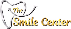Logo of The Smile Center with a stylized tooth outline and gold text.