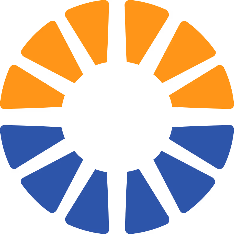 Circular segmented shape with orange upper segments and blue lower segments arranged around a black center.
