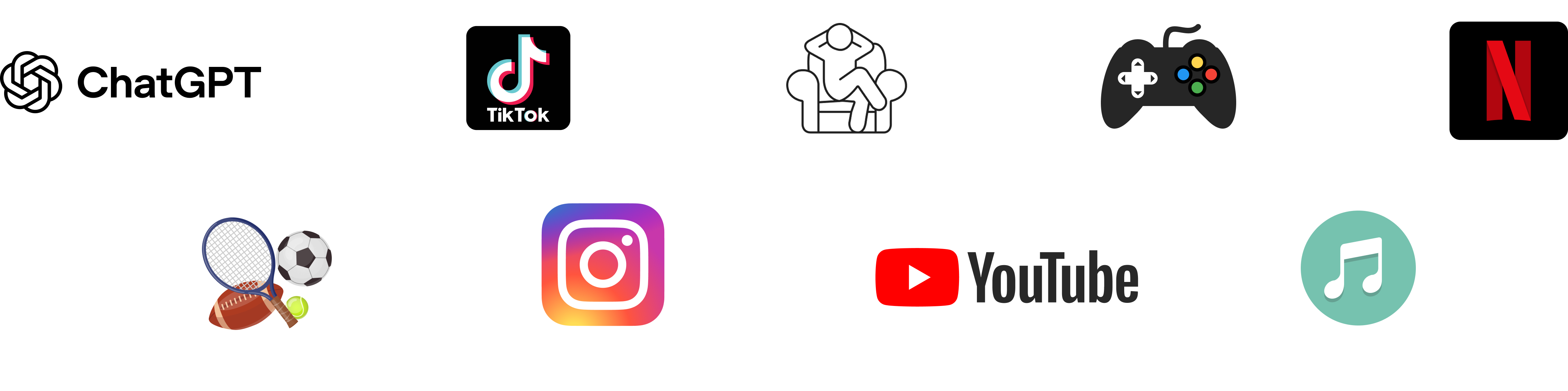 Eight icons representing popular entertainment and social media platforms: TikTok, a person sitting in an armchair, a game controller, Netflix, various sports equipment (tennis racket, soccer ball, football, tennis ball), Instagram, YouTube, and a music note.