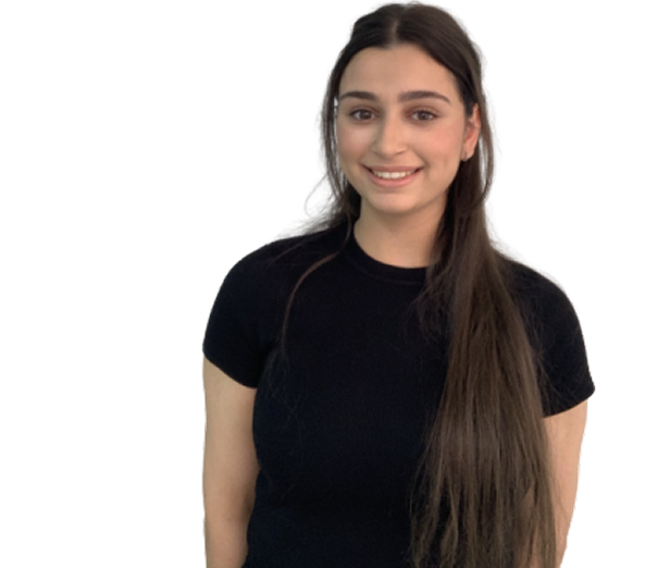 Smiling young woman with long brown hair wearing a black short-sleeve shirt on a transparent background.