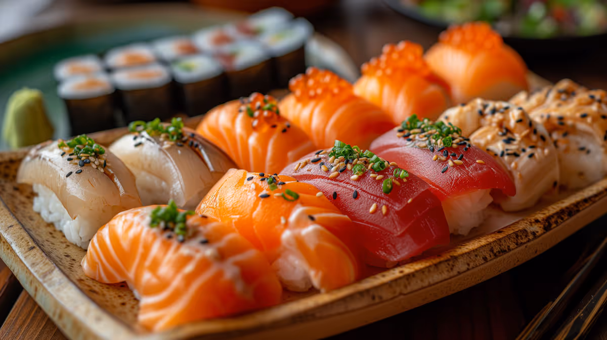 Assorted nigiri sushi including salmon, tuna, and white fish garnished with sesame seeds and green onions on a wooden plate.