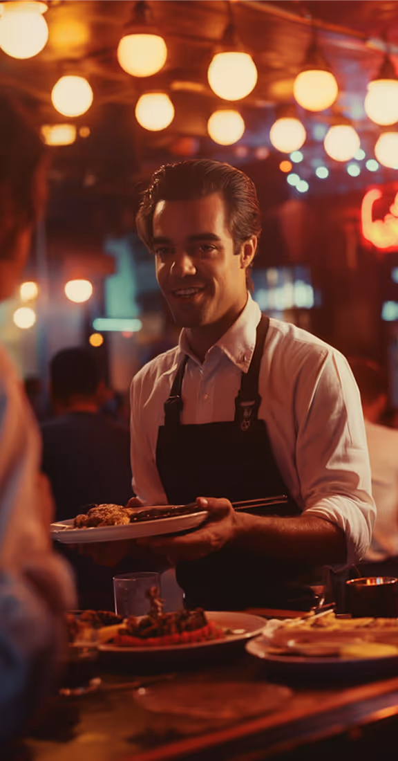 Smiling waiter in a dark apron holding a plate of food in a warmly lit restaurant.