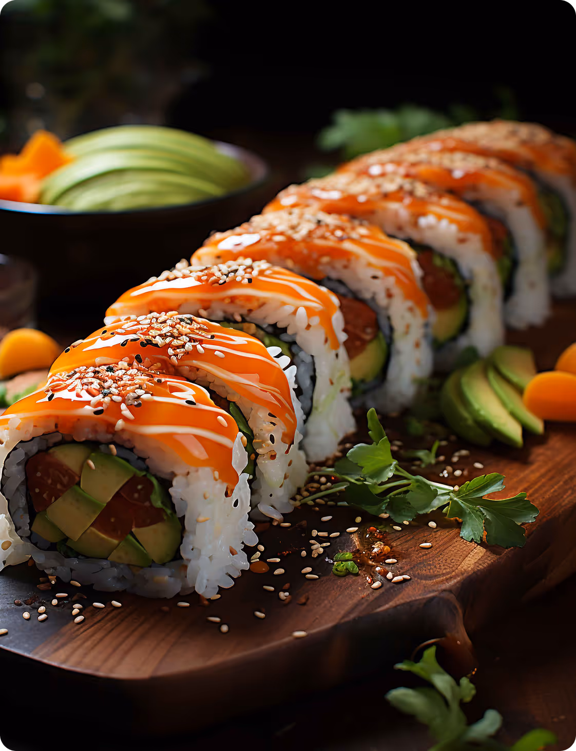 Close-up of sliced sushi rolls topped with salmon, drizzled sauce, and sesame seeds on a wooden board with garnishes.