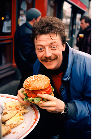 Smiling man holding a large hamburger with lettuce and tomato near a plate of pizza outdoors.
