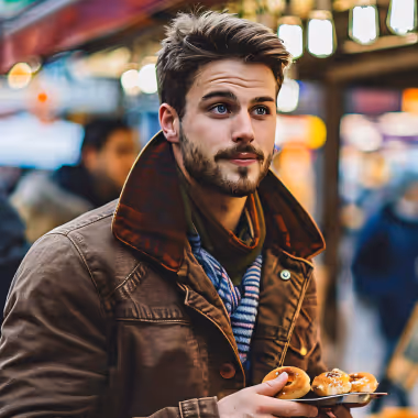 Young man with beard and brown jacket holding a plate with pastries in an outdoor market setting.