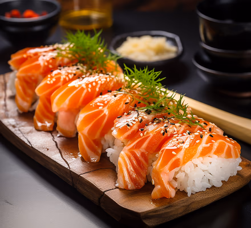 Close-up of salmon nigiri sushi topped with sesame seeds and garnished with green herbs on a wooden serving board.
