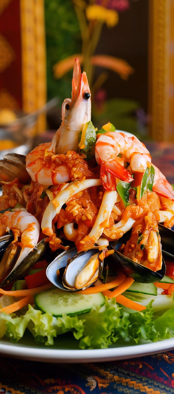 Plate of seafood salad with shrimp, mussels, squid rings, fresh lettuce, cucumber, and carrot strips in a spicy red sauce.