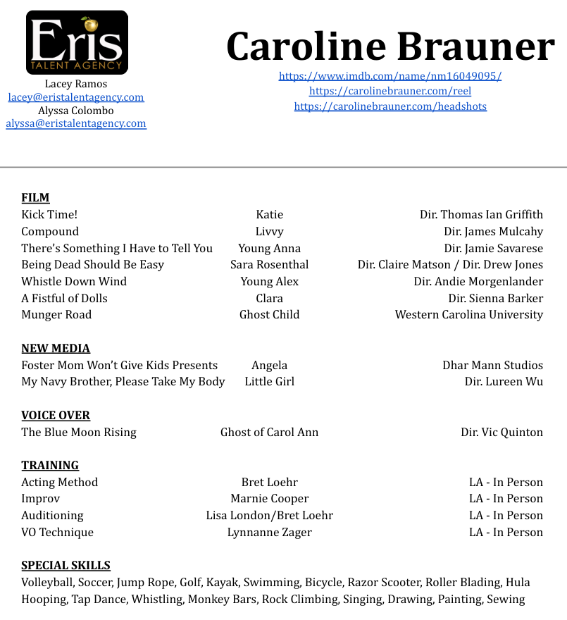 Actress Caroline Brauner represented by Eris Talent Agency