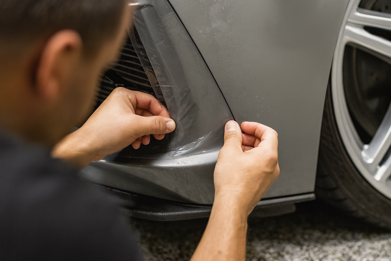 Technician installing Paint Protection Film (PPF) on a car fender, applying transparent protective film to protect vehicle paint from chips and scratches.