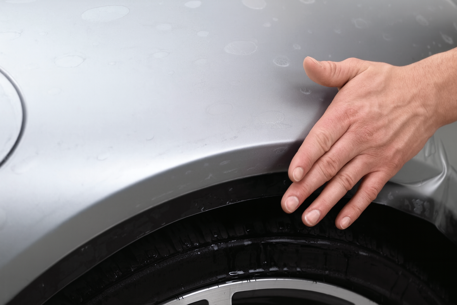 Hand demonstrating the self-healing surface of Paint Protection Film (PPF) on a car fender, showing how the film recovers from minor scratches.