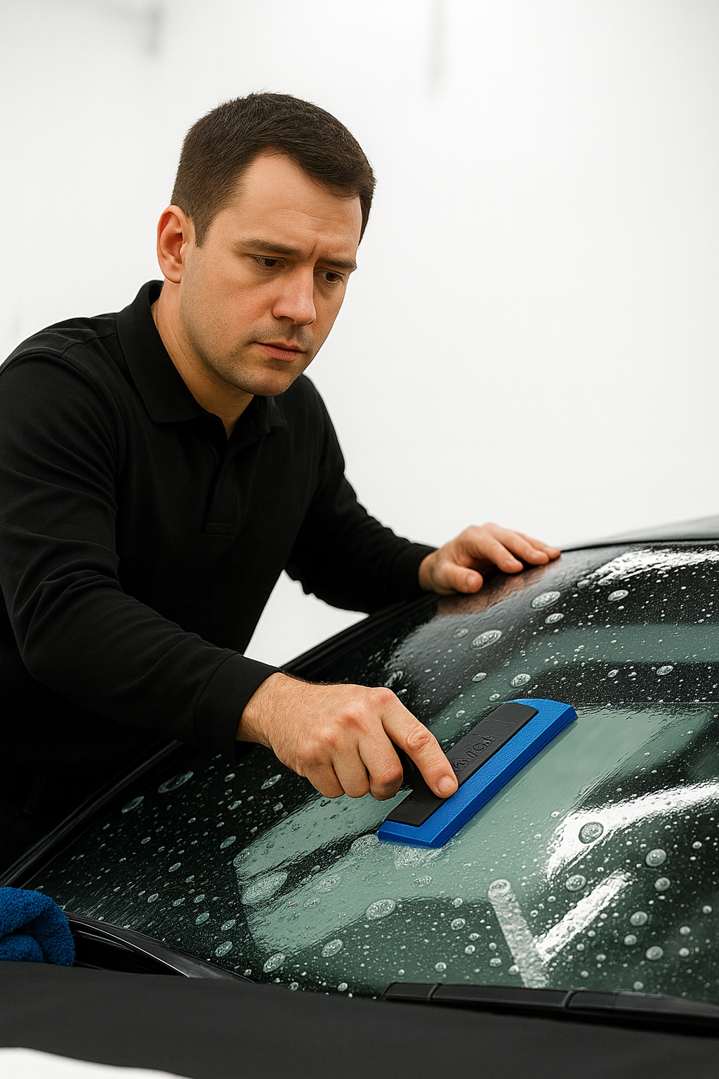 Man in black shirt using a blue squeegee to clean a wet car windshield.