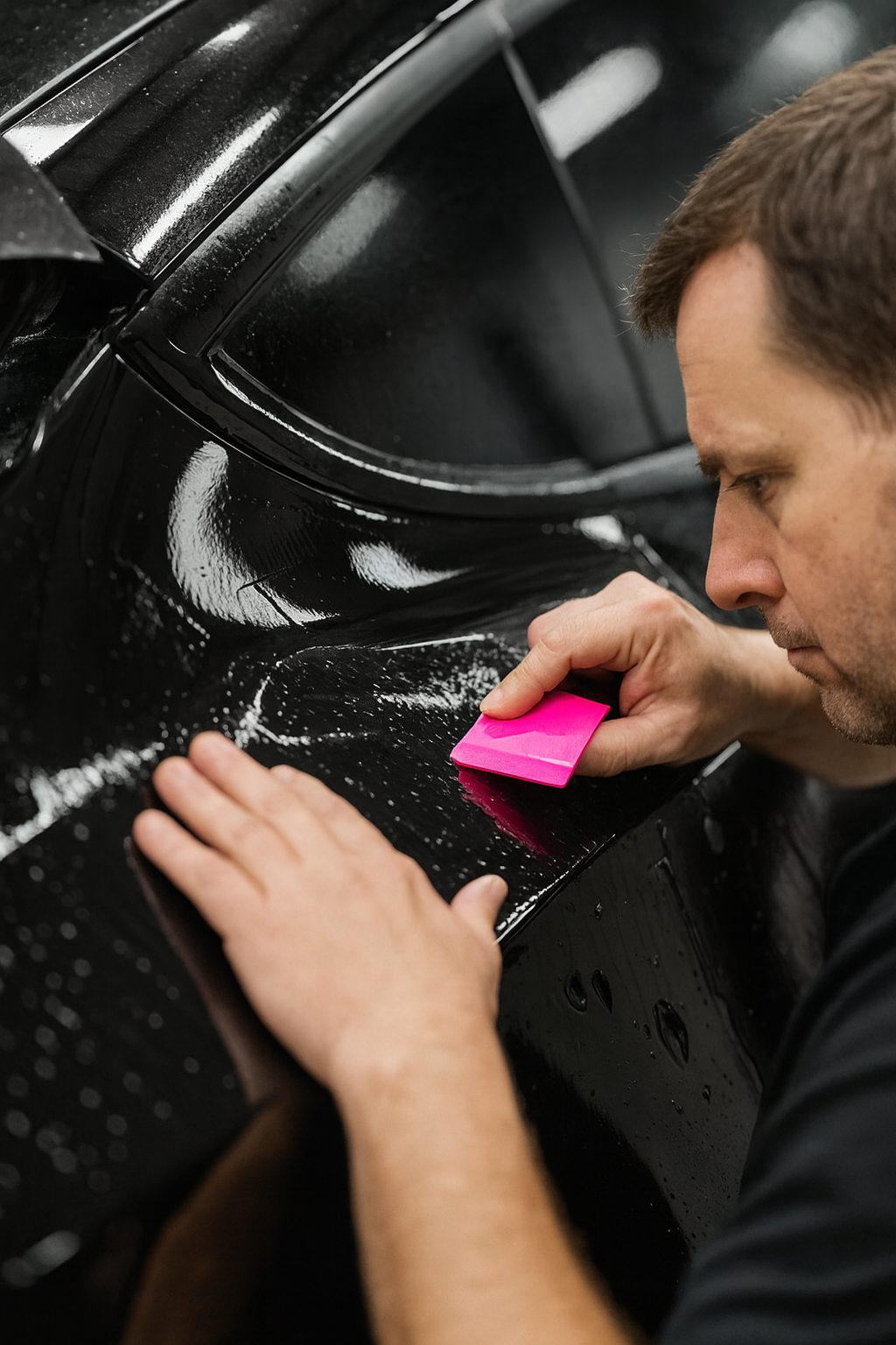 Man applying a protective film with a pink tool to the side of a black car.