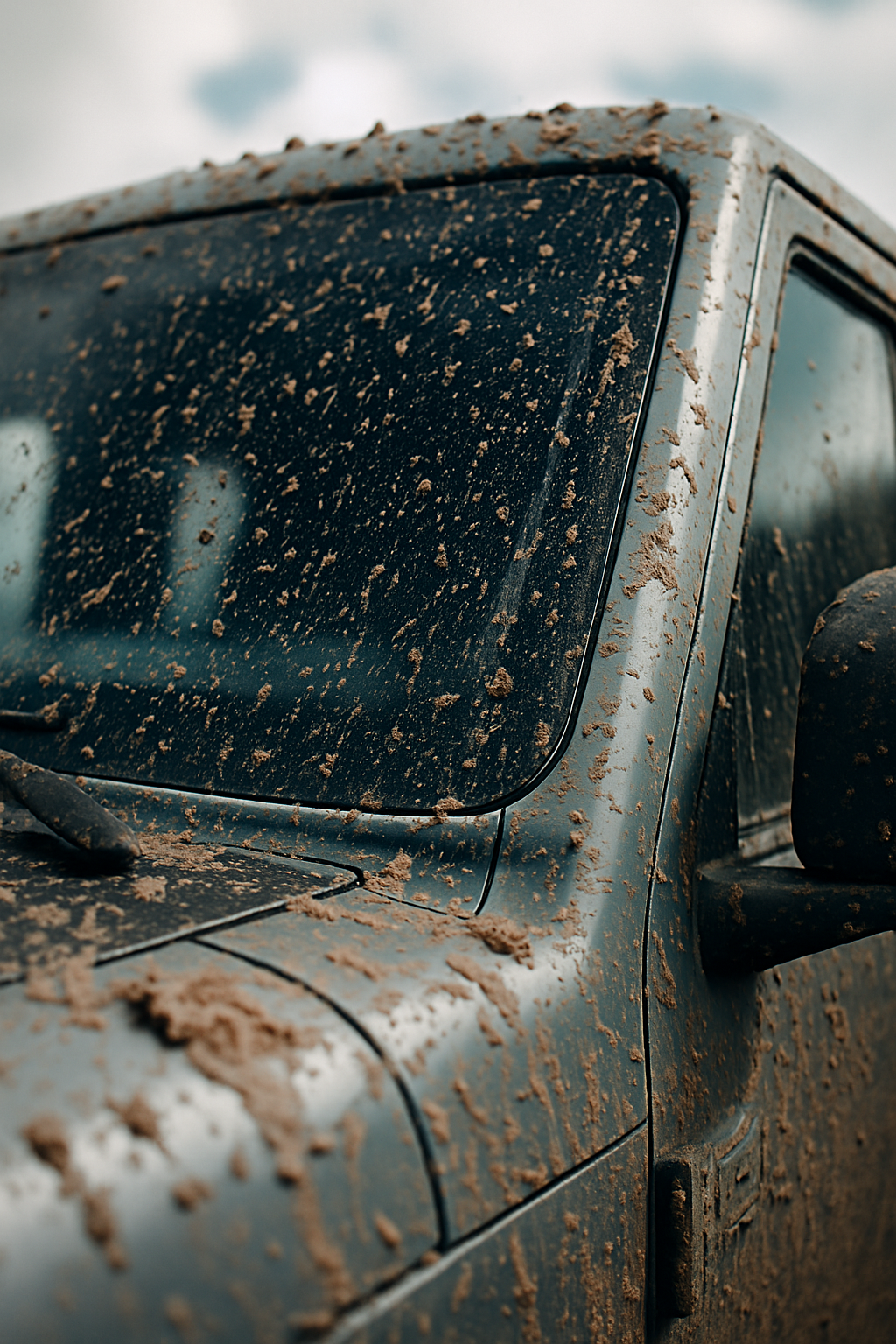 Off-road vehicle windshield covered with mud and debris highlighting the importance of automotive windshield protection film.