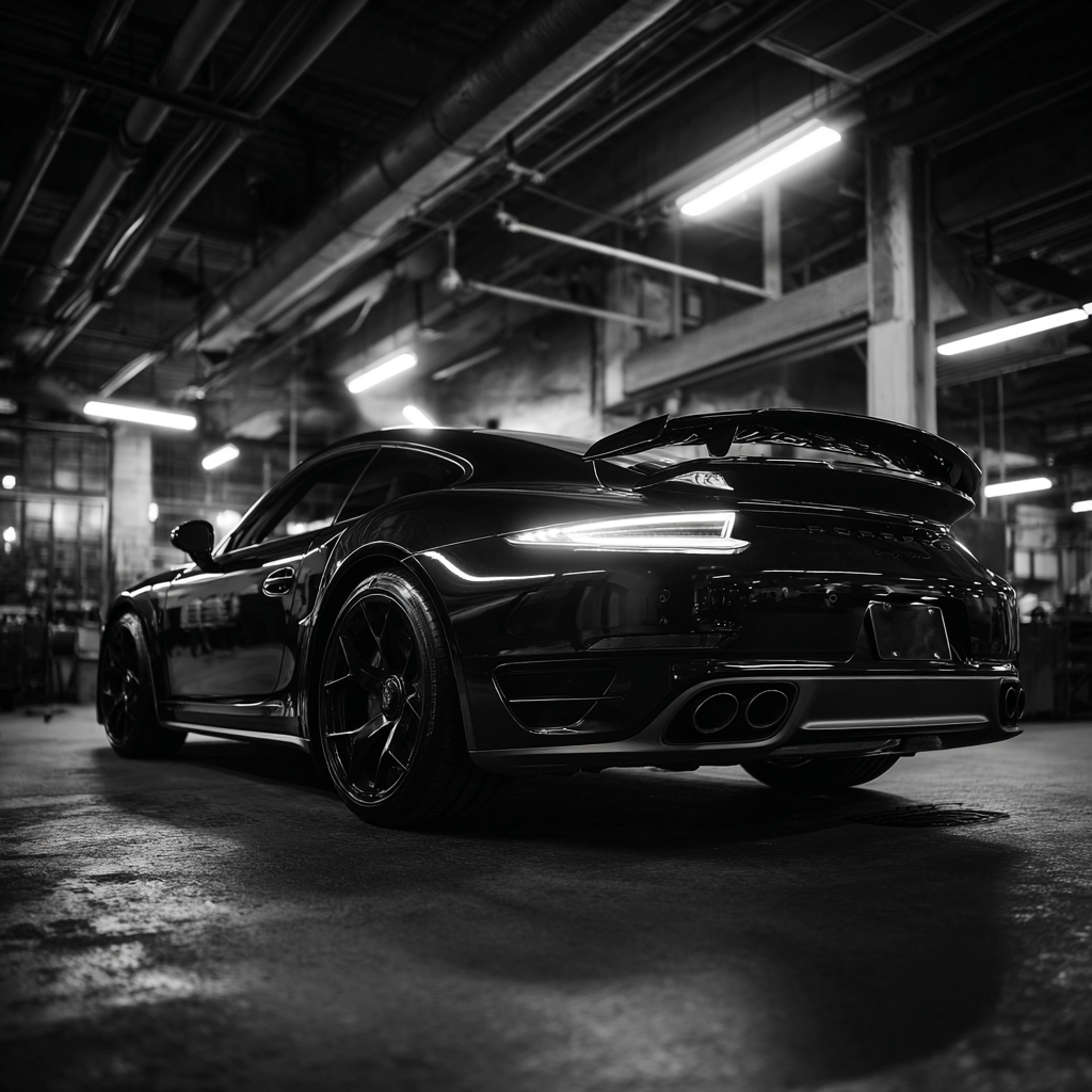 Black sports car with illuminated rear lights parked inside a dimly lit industrial garage.