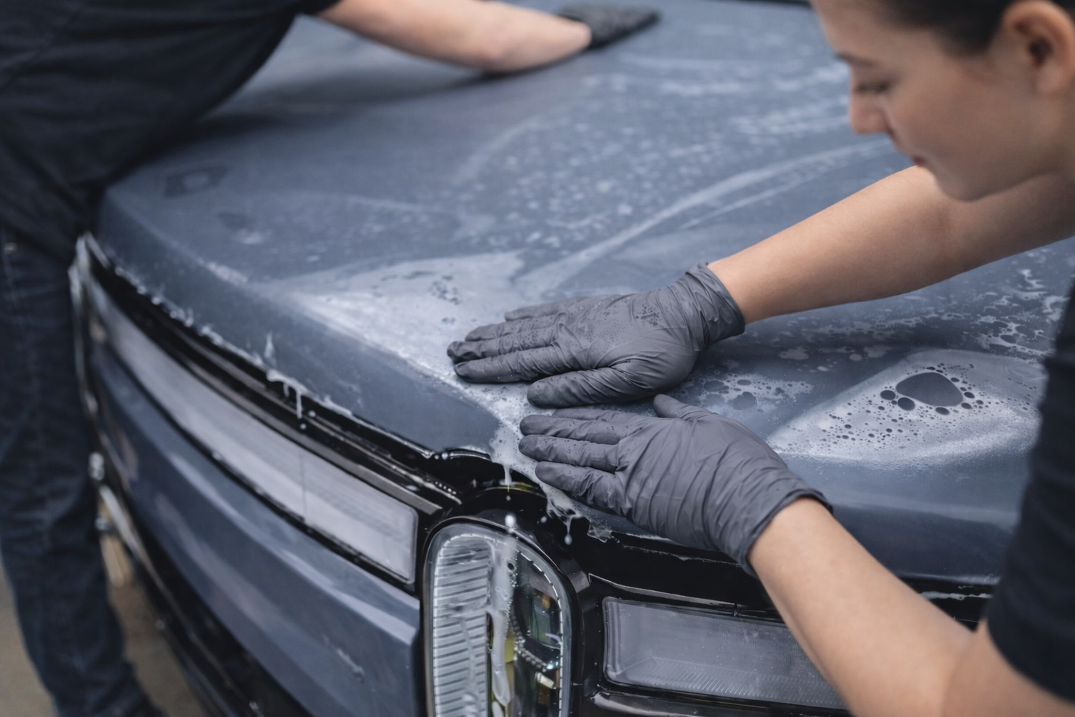 Person wearing black gloves washing the soapy hood of a dark-colored vehicle.