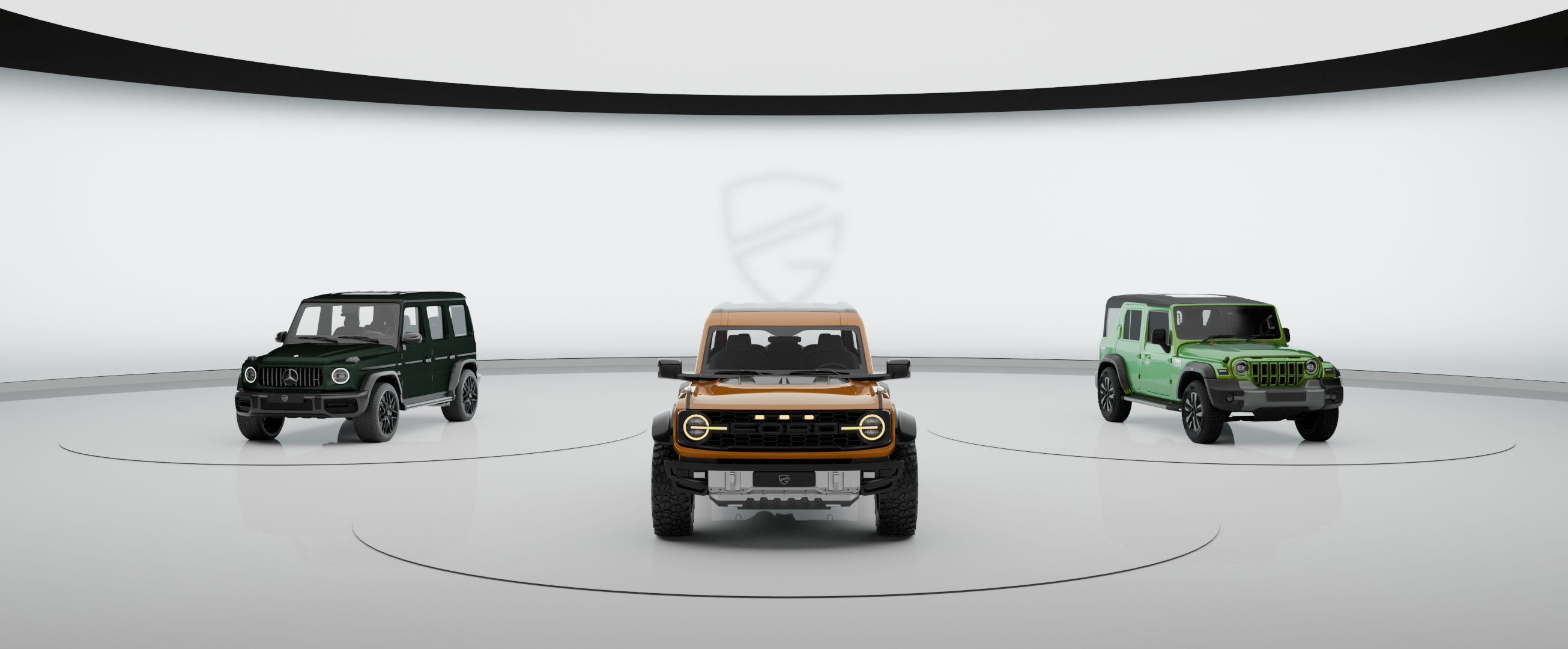 Ford Bronco, Mercedes-Benz G-Class, and Jeep Wrangler wrapped with CoreGuard Color Paint Protection Film demonstrating custom color protection finishes.