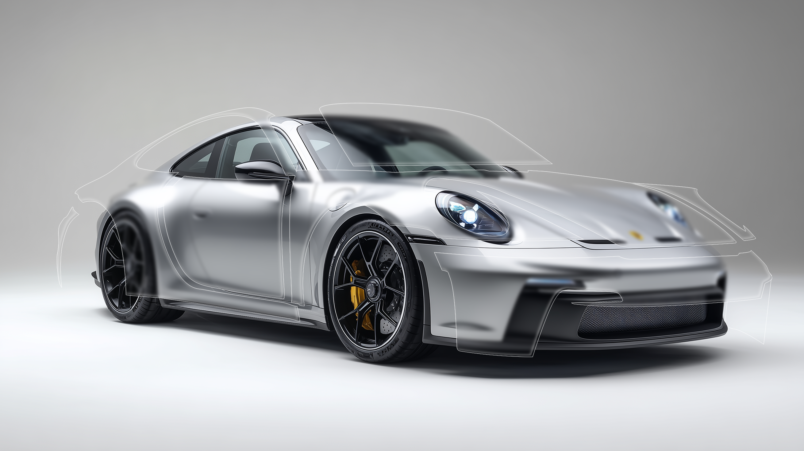 Paint Protection Film (PPF) coverage illustration on a red sports car showing transparent protective film applied to hood, bumper, doors, and side panels.