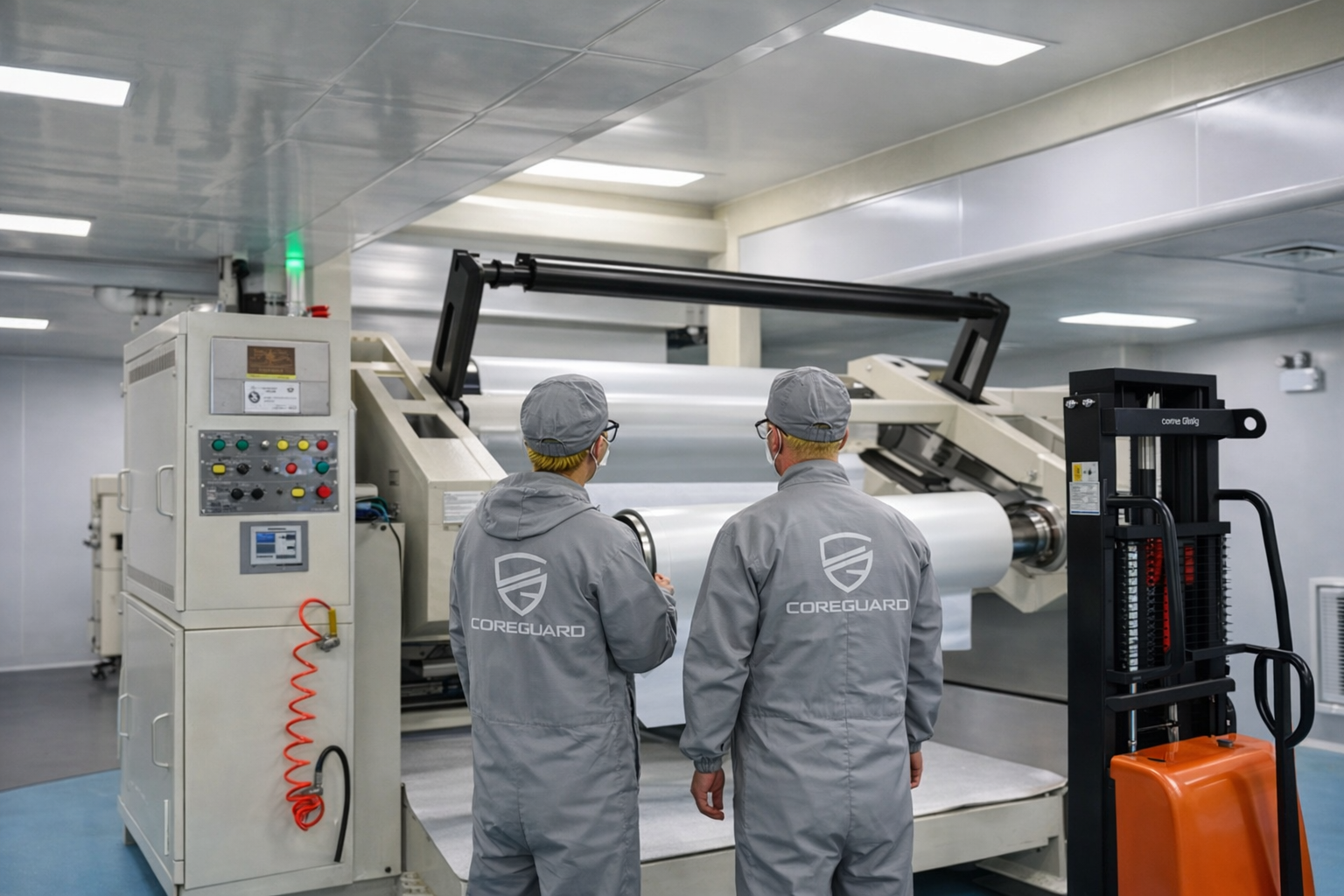 Front side view of a sleek black sports car in a dark garage with red and blue reflections on the floor.