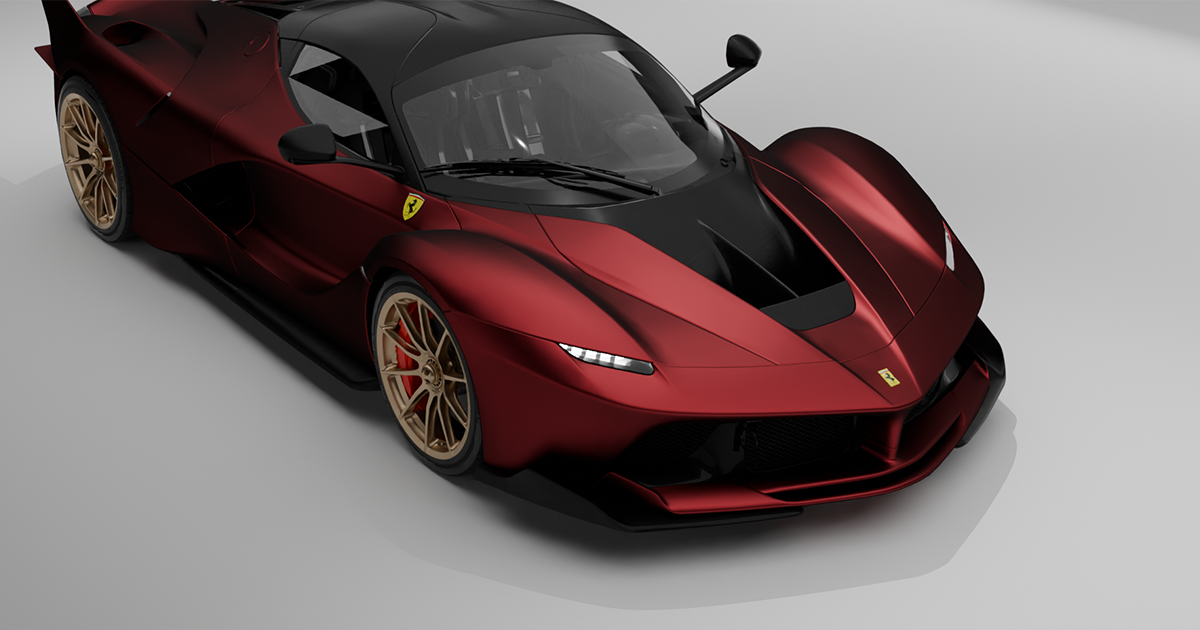 Red Ferrari LaFerrari sports car with black roof and aerodynamic design on a gray background.