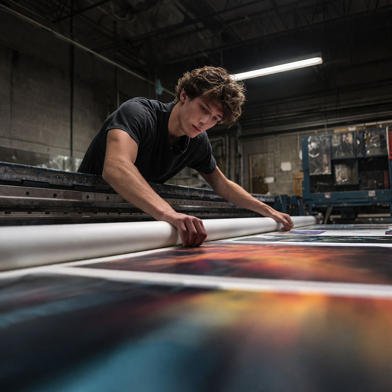Young man in a black t-shirt handling large printed sheets on a conveyor roller in an industrial printing facility.