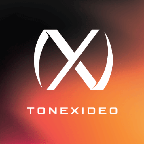 Tonexideo logo with stylized letter X enclosed by curved brackets on a gradient orange and black background.