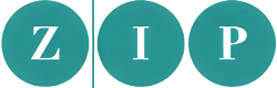 ZIP logo with bold black letters Z, I, and P each inside separate teal circles.
