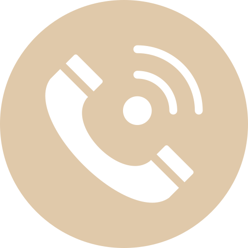Black telephone handset icon with sound waves on a beige circular background.