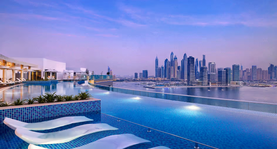 Rooftop infinity pool over the Dubai skyline