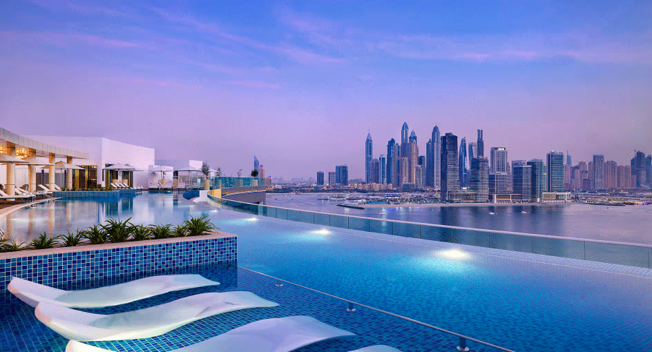 Rooftop infinity pool over the Dubai skyline