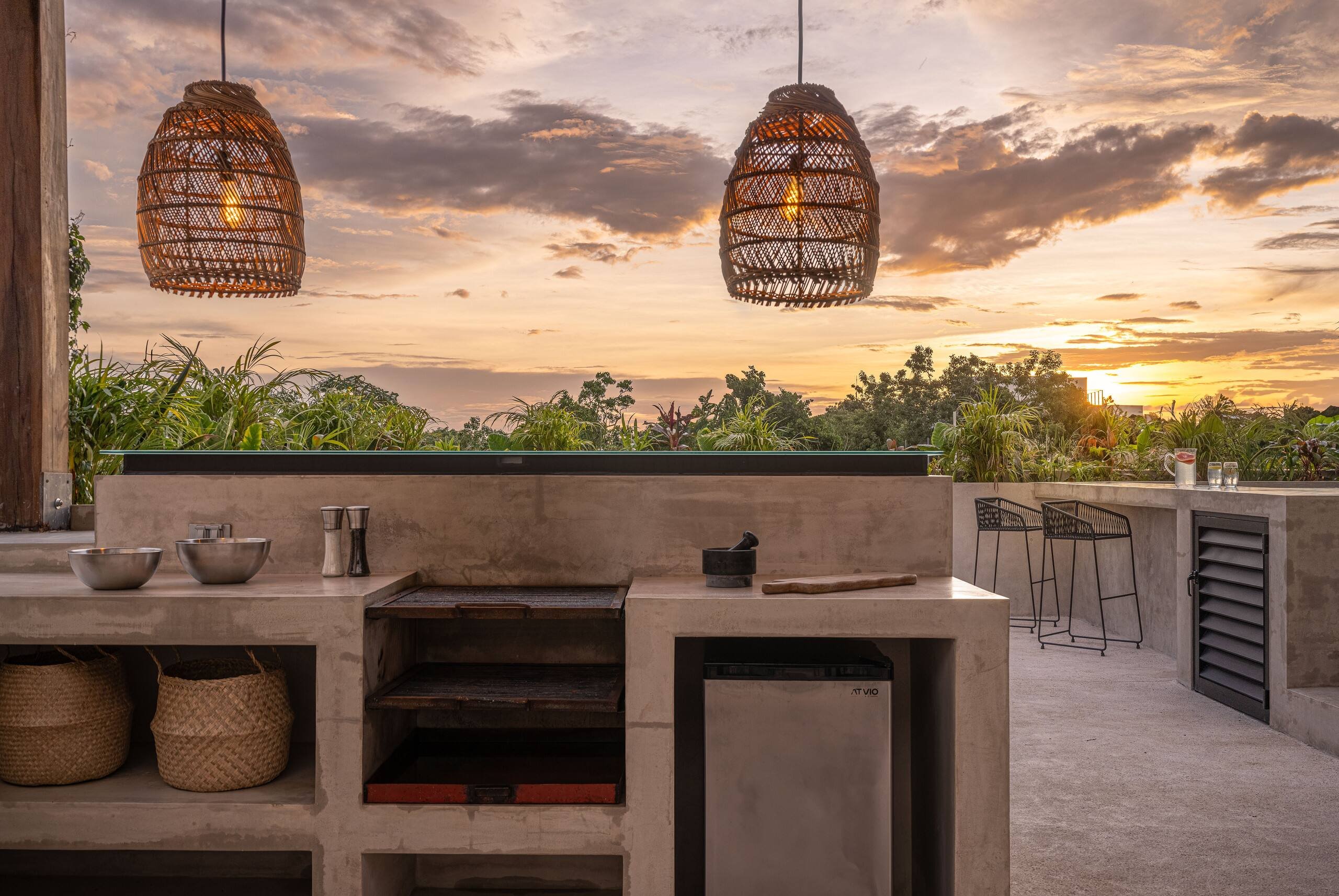Rooftop kitchen in Tulum at sunset