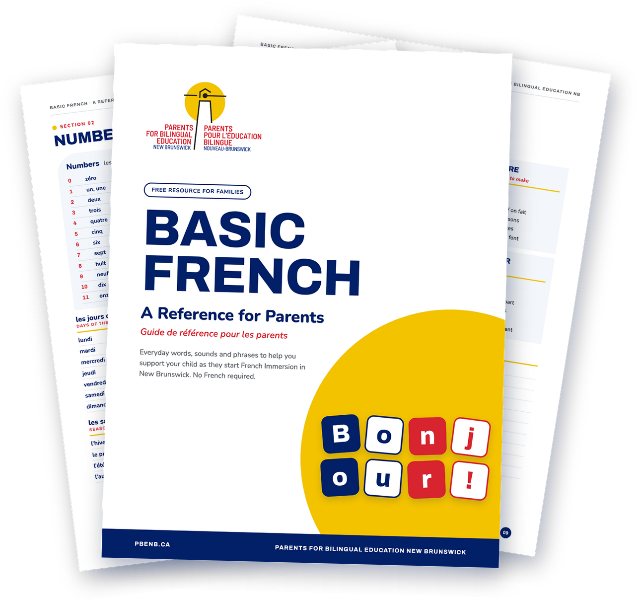 Pages from the PBENB Basic French reference guide for parents