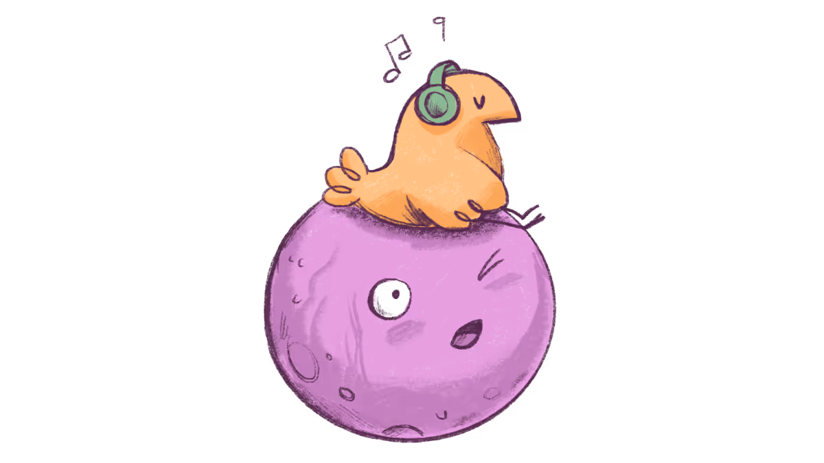Illustration of a small orange bird wearing green headphones, sitting on a winking purple planet with a face.