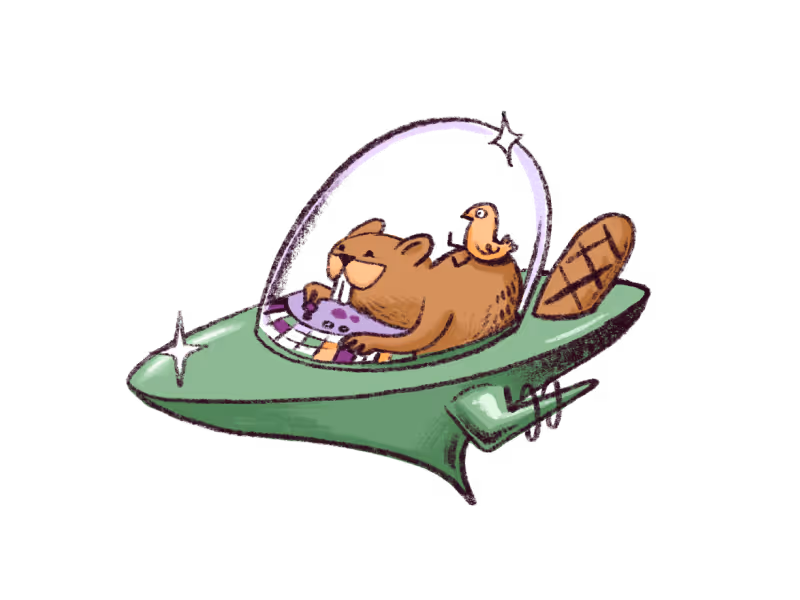 Cartoon beaver piloting a green spaceship with a small yellow bird on its back.