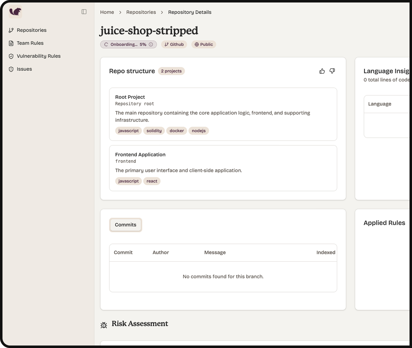 Dashboard interface showing repository details for 'juice-shop-stripped' with repo structure including Root Project using JavaScript, Solidity, Docker, Node.js and Frontend Application using JavaScript and React, no commits found for this branch.
