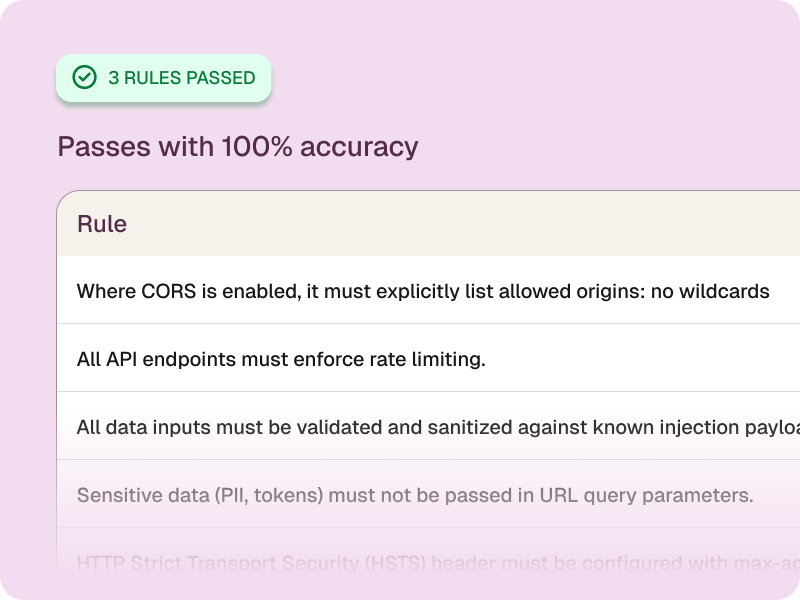 Dam Secure UI showing passing 100% accuracy