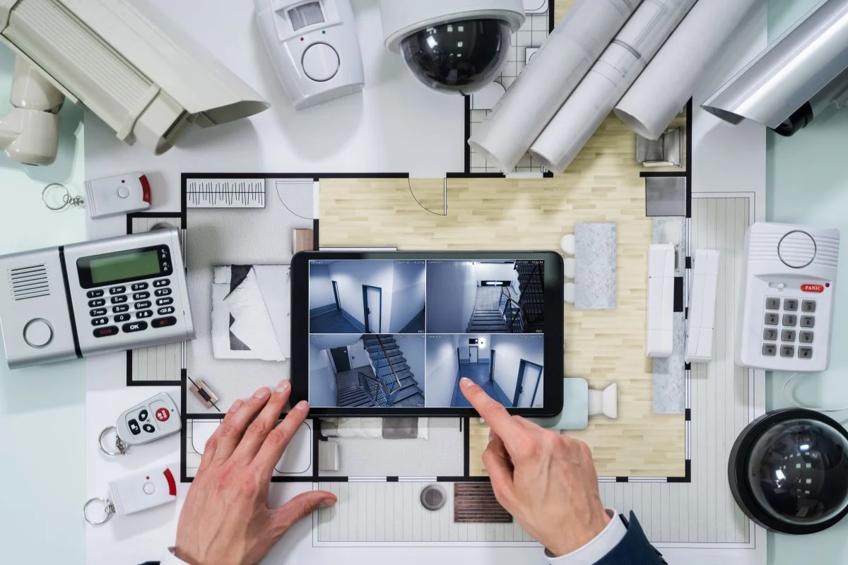 Hands operating a tablet displaying four CCTV security camera views over a house floor plan surrounded by various security devices and cameras.